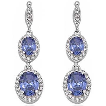Halo Oval Drop Dangle Chandelier Earring Simulated Tanzanite CZ 925 Sterling Silver